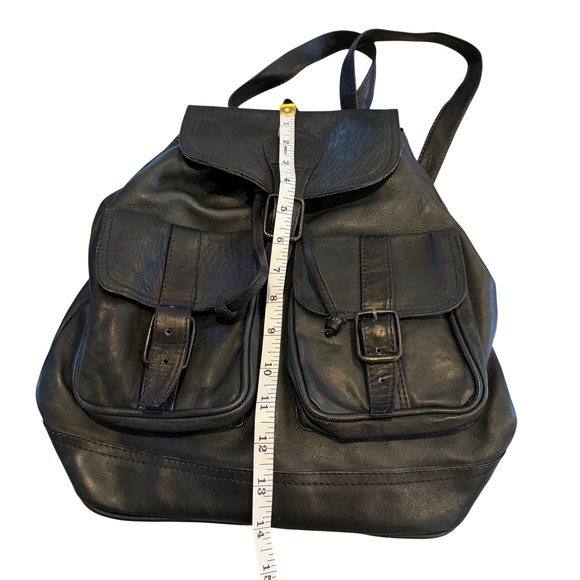 Vintage 90s Black Leather Backpack‎ Drawstring Rucksack main image 5